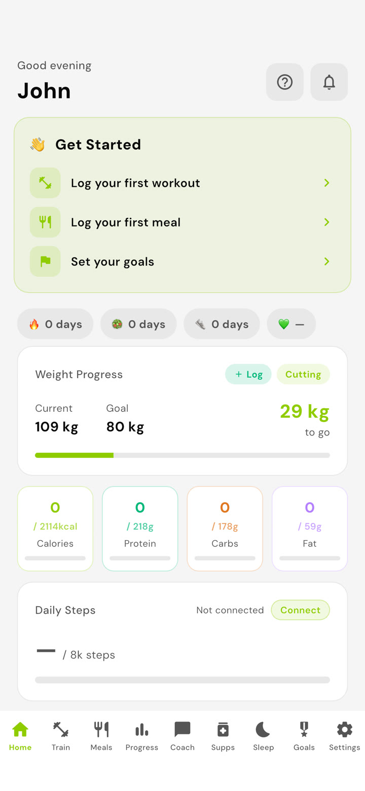 Axyn dashboard with weight progress, macros and daily steps