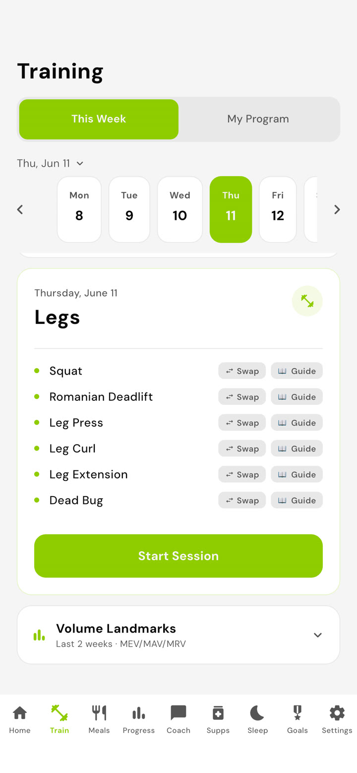 Training week view with generated leg day program