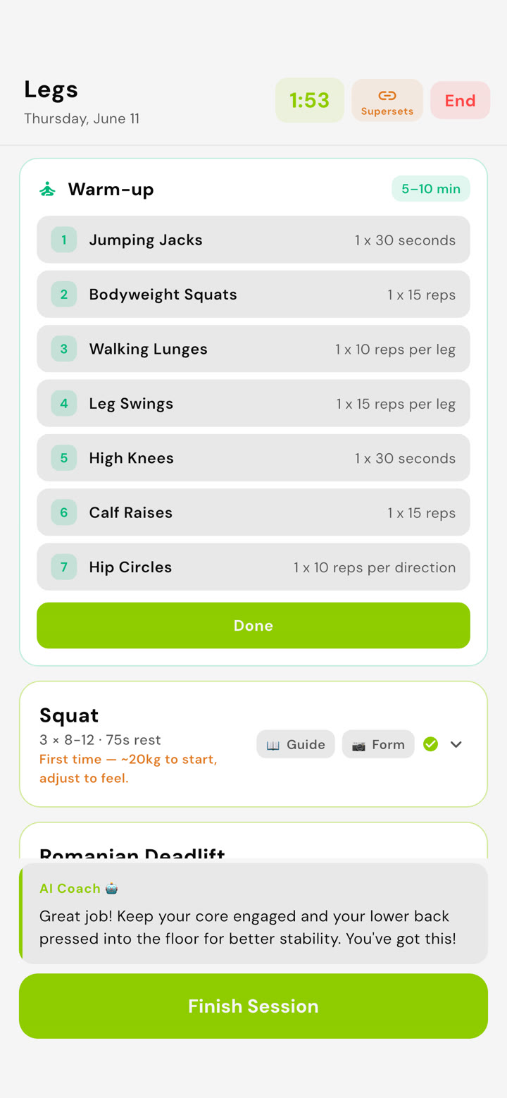 Live workout session with warm-up ramp and AI coach cue